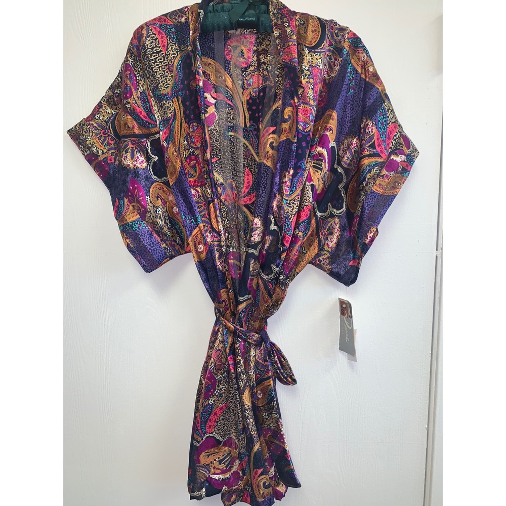 Vintage Deena Kimono Robe‎ Womens Small Paisley Print Short Sexy 80s 90s USA